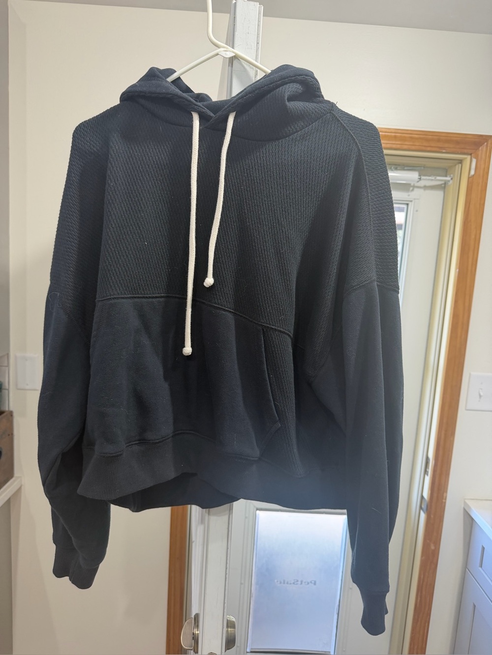 aerie Black Waffle-Knit Hooded Pullover Sweater